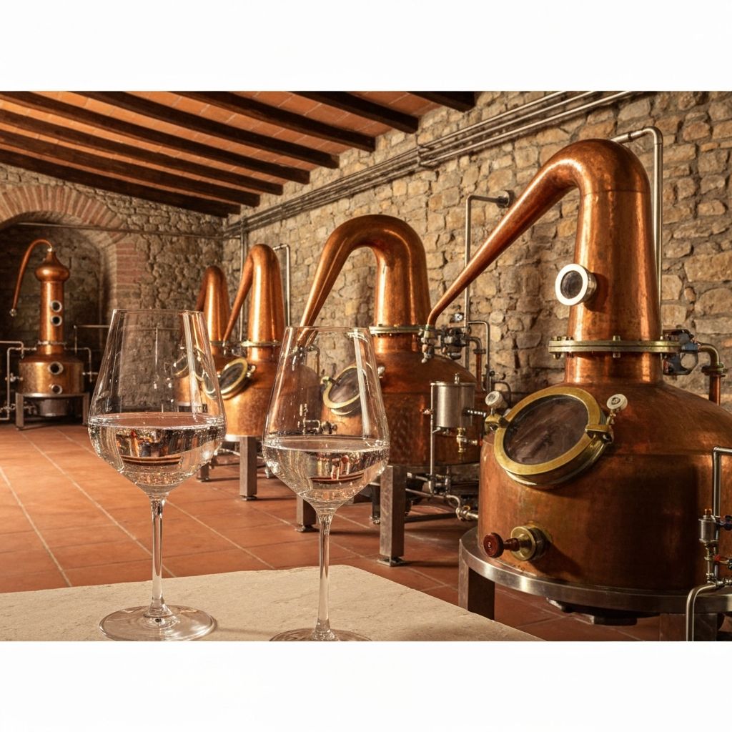 Grappa artigianale italiana con alambicchi di rame in distilleria rurale