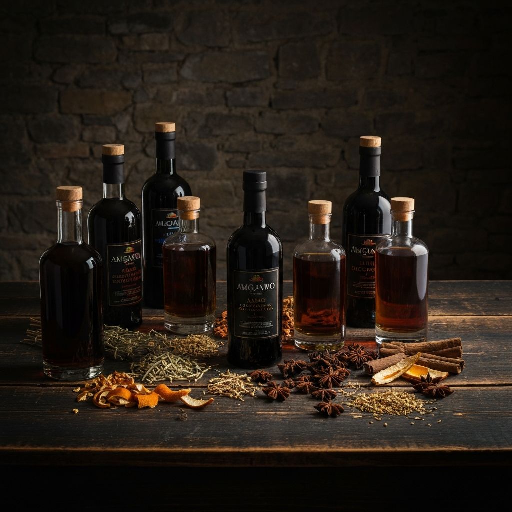 Amari italiani tradizionali con erbe e spezie su tavola rustica